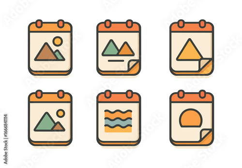 vector colorful flat filled icons pocket sketchbook (close up): page with drawing neat lines shading curled edge shadow detail.