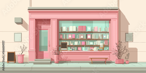 Charming pastel pink bookstore facade with a sunlit window display of books.