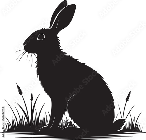 Majestic silhouette of a hare sitting gracefully amidst tall grasses in a detailed wildlife scene silhouette