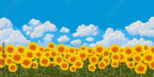 Vibrant field of blooming yellow sunflowers with orange centers, a stylized graphic illustration.