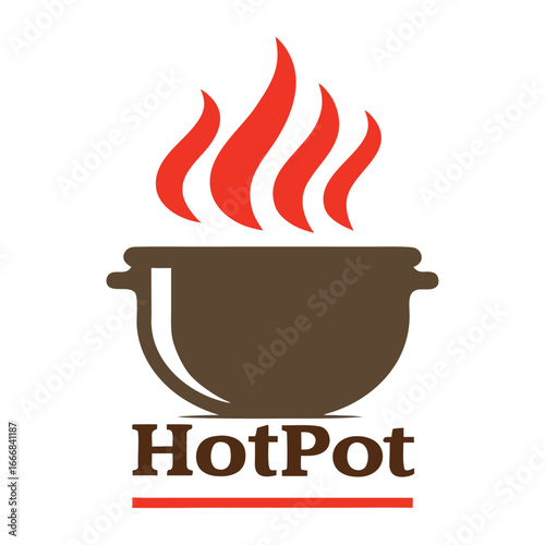 Brown hotpot with red flames and text Hot Pot food cooking