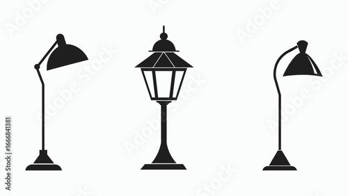 Lamp silhouette set , table lamp icon, home lighting vector, black and white illustration, interior decor graphic