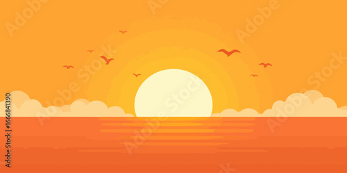 Flat design illustration of a vibrant orange sunset over the sea with a radiant sun and birds.