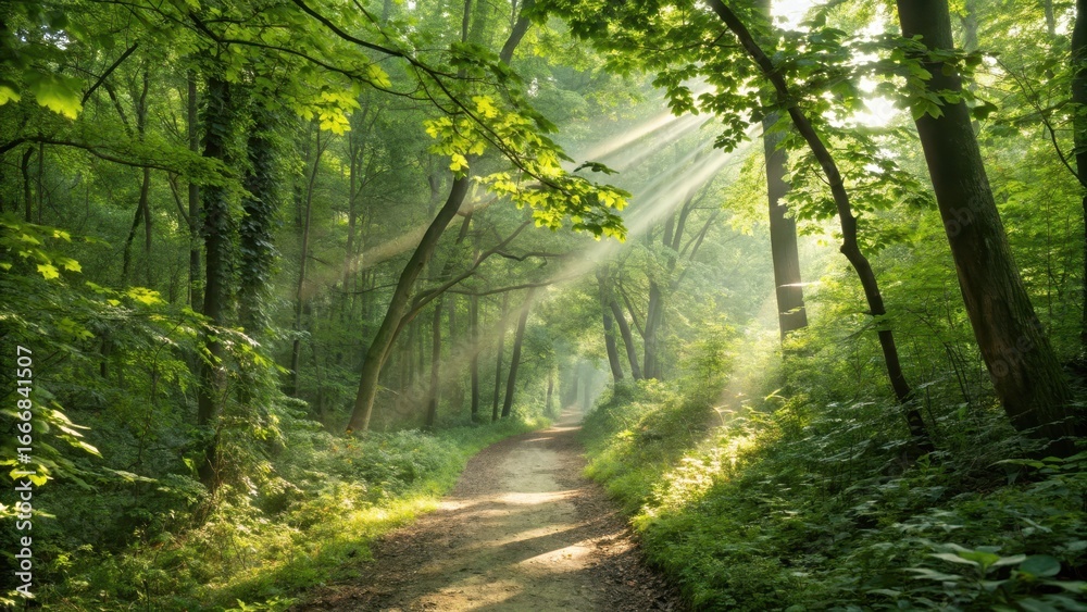Obraz premium Sunbeams filtering through lush green forest canopy onto a path