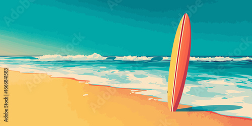 Vibrant orange, yellow, and red striped longboard surfboard standing upright. A minimalist, graphic illustration style with clean lines and flat colors.