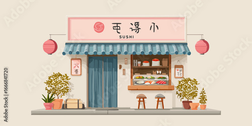 Charming illustrated Japanese sushi shop facade with a display window and hanging lanterns.