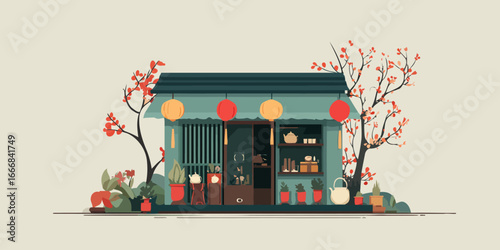 Charming Asian teahouse illustration with hanging lanterns and blossoming trees.