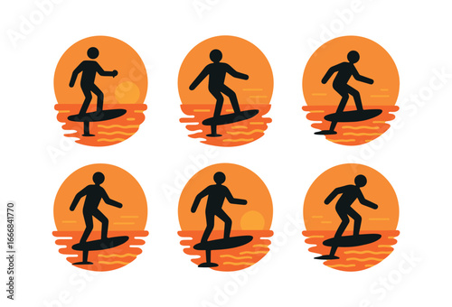 vector colorful flat filled icons hydrofoiling (sunset): orange sky silhouette ripples glowing water calm breeze open sea.