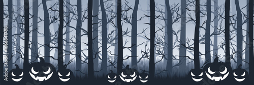 Wide panoramic landscape of a creepy forest in the fog with glowing Halloween pumpkins a modern vector backdrop for event posters and digital marketing.