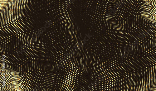 Golden halftone dots  flowing wave pattern with warped effect. Abstract texture  luminous glowing surface.