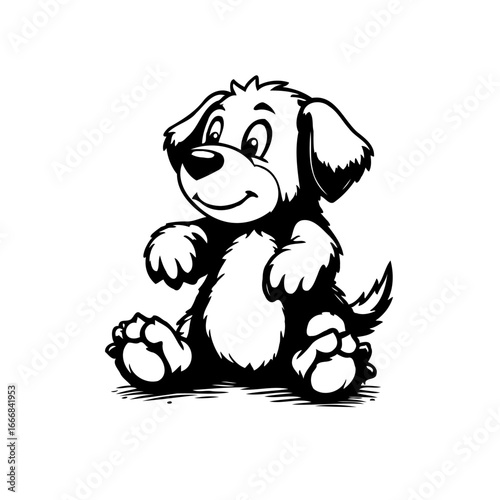 A charming cartoon canine illustration features an adorable black and white puppy sitting sweetly