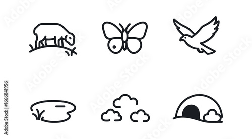 vector outline icons hilltop (wildlife spot): grazing sheep butterfly hawk small pond scattered bushes shaded hollow.