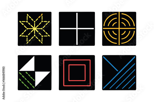 vector solid black filled icons quilt design (modern): geometric patterns bold colors minimalist blocks machine quilting clean edges bright thread.