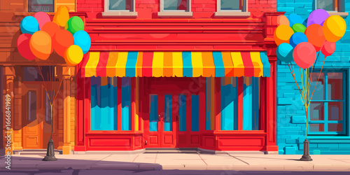 Vibrant red storefront with a striped awning and colorful festive balloons.