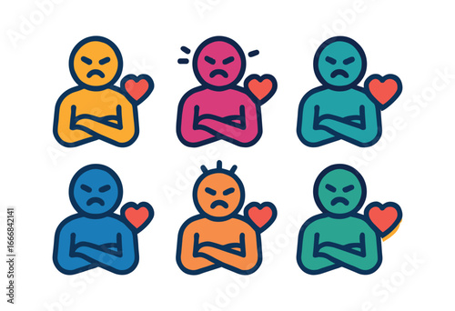 vector colorful filled icons jealousy in relationship (crossed arms): folded arms frown line heart outline tension lines shadow glow rim.