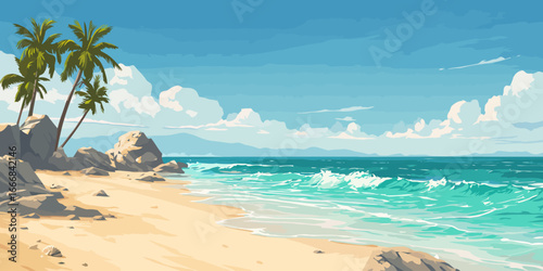 Stylized illustration of a serene tropical beach with palm trees, sandy shores, and turquoise ocean waves.