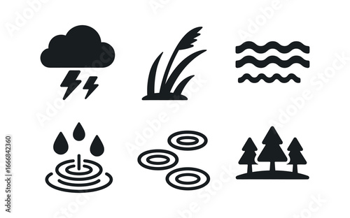vector solid black filled icons fenland (stormy): dark clouds wind bent reeds choppy water rain ripples distant trees gray tones.