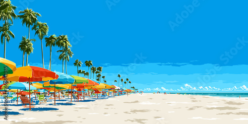 Stylized illustration of a sunny tropical beach with colorful umbrellas and palm trees.
