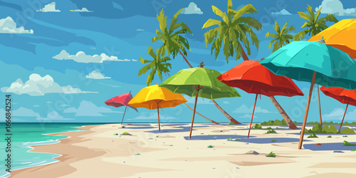 Vibrant illustration of a sunny tropical beach with colorful umbrellas and palm trees.