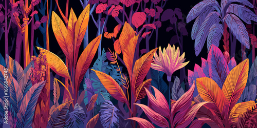 Lush Tropical Jungle Illustration with Glowing Neon-Colored Plants and Foliage