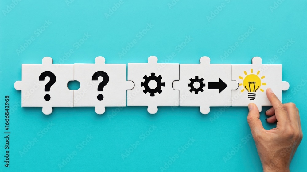 custom made wallpaper toronto digitalHand placing last puzzle piece with lightbulb idea completing a flowchart of questions and gears.