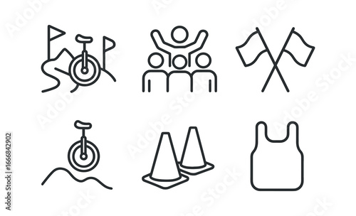 vector outline icons mountain unicycling (competition): marked course cheering crowd flags jumps cones number bib.