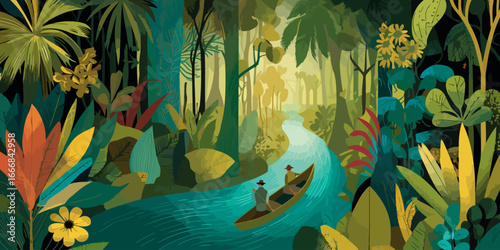 Vibrant flat illustration of two explorers canoeing down a winding river in a dense, lush tropical jungle.