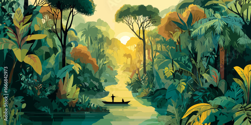 Lush Tropical Jungle Landscape with a Winding River and Canoe at Golden Hour