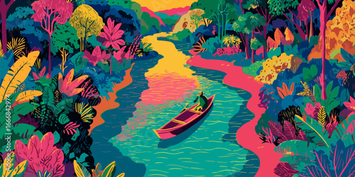 Vibrant illustration of a lone paddler in a canoe on a winding river through a colorful, fantastical jungle.