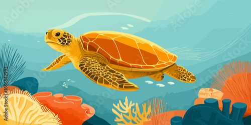 Stylized golden-orange sea turtle with detailed patterned flippers swimming gracefully.