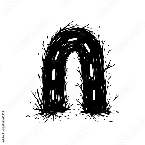 Abstract monochrome roadway design with an arched trajectory surrounded by natural elements