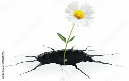 A Single Daisy Growing in Cracked Earth Isolated On White Background.
