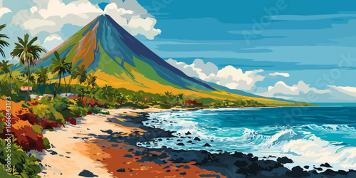 Vibrant tropical landscape featuring a majestic volcano, sandy beach, and turquoise ocean waves.