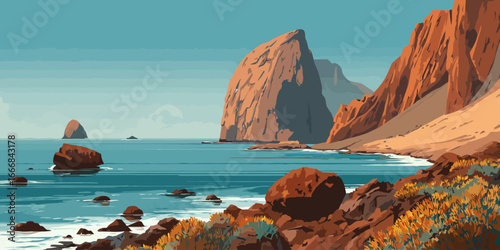 Vector illustration of a serene coastal landscape with towering orange cliffs and a calm turquoise sea.