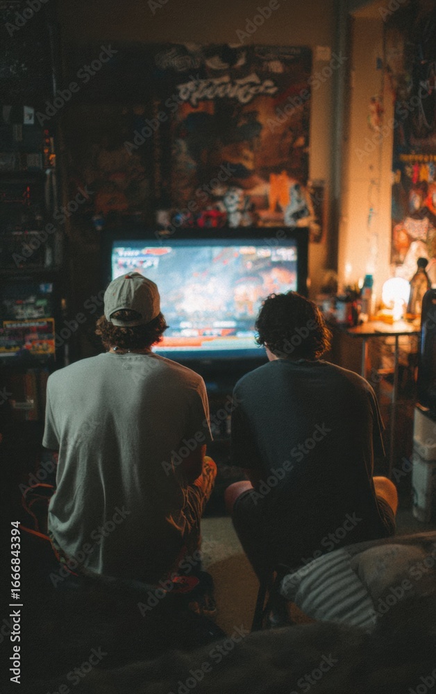 Fototapeta premium Authentic Youth Culture Friends Gaming in Cozy Student Dorm Room Night Vibe Premium Lifestyle Content for Millennial Social Media and Marketing Campaigns