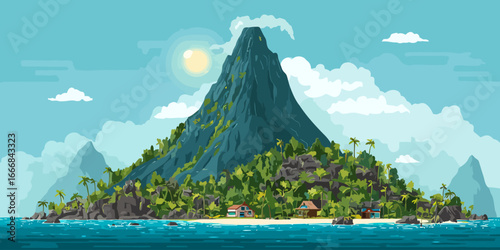 Sunlit tropical volcanic island with lush jungle, sandy beach, and coastal homes.
