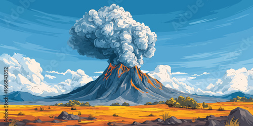 Erupting stratovolcano with molten lava streams and a massive ash plume, depicted in a vibrant, graphic illustration style.
