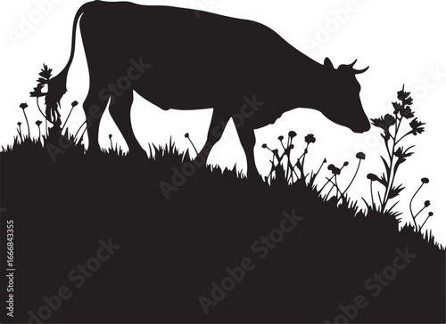 Silhouette of a cow grazing in a field with flowers and tall grass silhouette