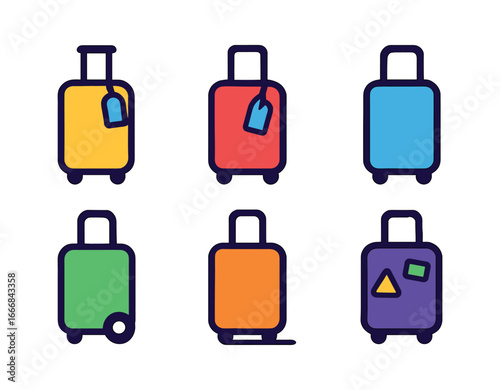 vector colorful filled icons couple traveling (suitcases): rolling bag tag tag handle outline wheel dot shadow smear travel.