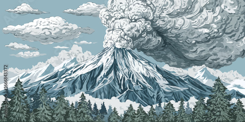 Stylized illustration of a majestic snow-capped volcano erupting with a large plume of smoke and ash.