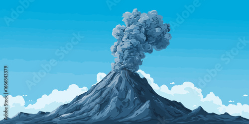 A powerful, erupting volcano spewing a massive, billowing plume of grey ash and smoke in a stylized vector illustration.