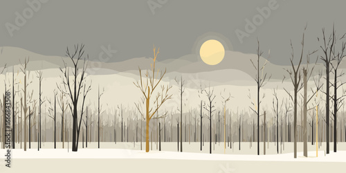 Minimalist winter forest landscape with bare trees, snow, and a pale sun under a gray sky.