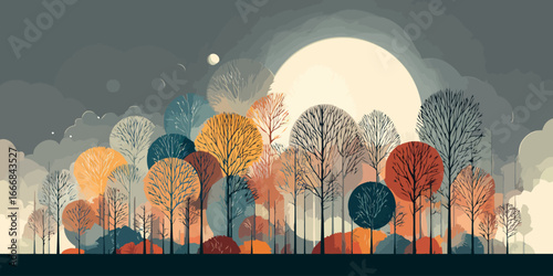 Stylized forest of bare trees with colorful, circular canopies in muted orange, rust, and teal tones.