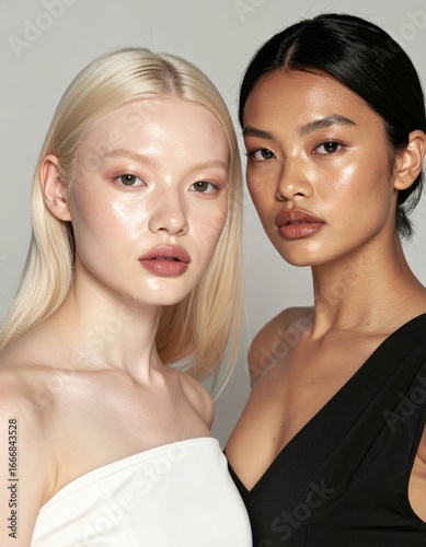 Two young women with diverse features pose closely, showcasing natural beauty and glowing skin in a minimalist setting.