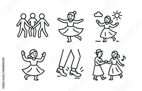 vector outline icons folk gathering (dance circle): linked hands spinning skirts joyful expressions stomping feet open sky music beats.