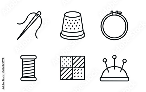 vector outline icons quilter (hand sewing): needle thimble hoop thread patch fabric pin cushion.