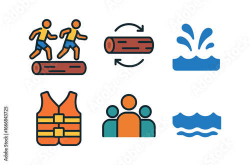 vector colorful flat filled icons log rolling (competition): two athletes spinning log splashes life vests crowd lake.