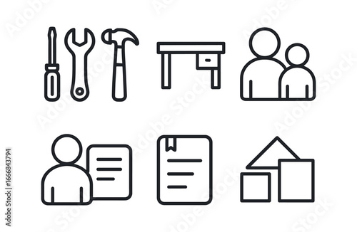 vector outline icons apprenticeship stage (workshop): tools bench mentor trainee notes materials.
