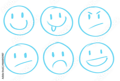 Collection of pink smiley, emojis, emoticons. Different emotions, Happy face, sad face, angry face frowny face for presentations, note-taking etc. 