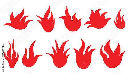 Flame simple illustration. Fire flame icon. Crayon vector doodle art. Red hot fire on white background. Graphic heat symbol. Abstract silhouette, hell element, flash lightning. Scribble punk pastel 